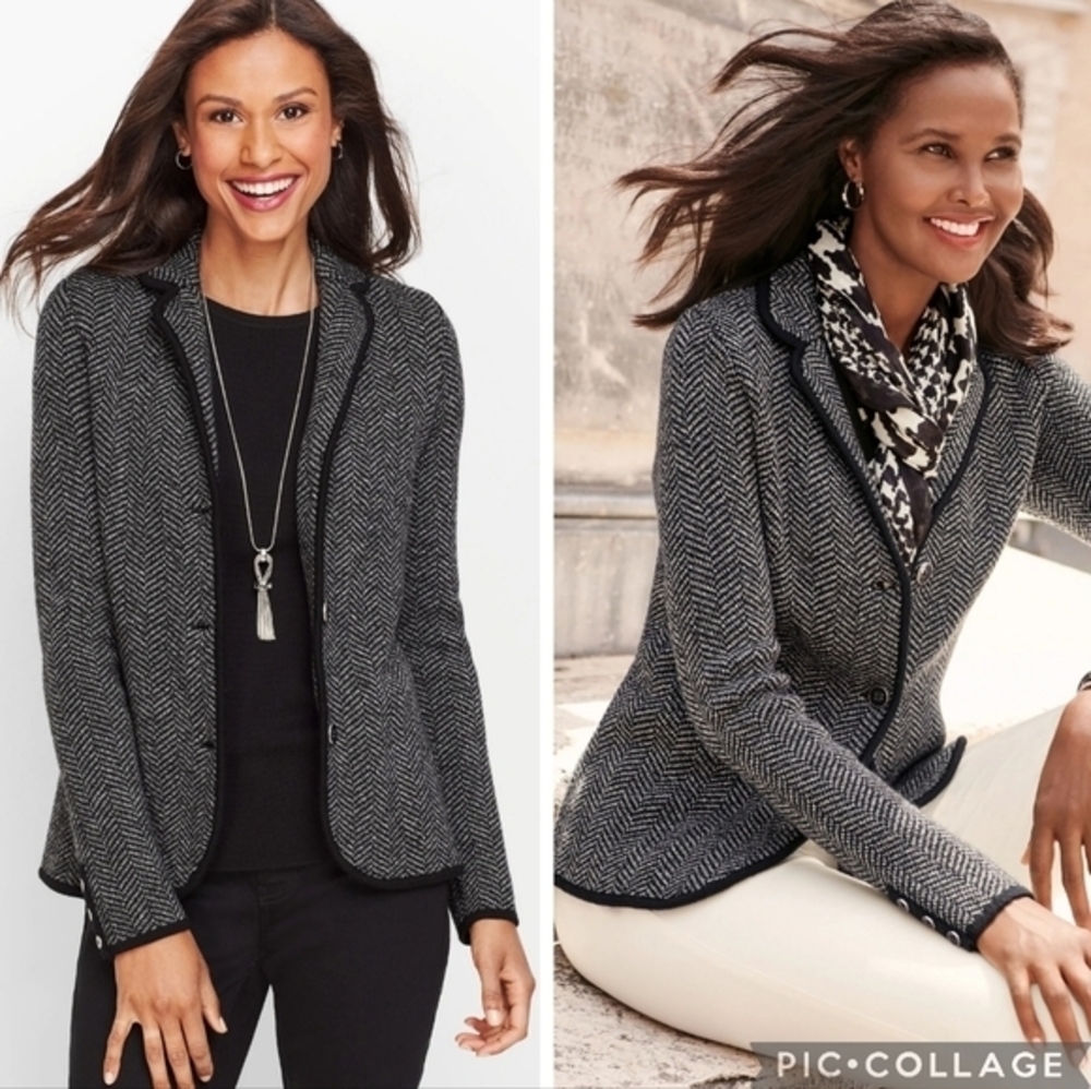 Talbots Merino Wool Knit Cardigan Blazer Sweater, Size M, Marled Black & White